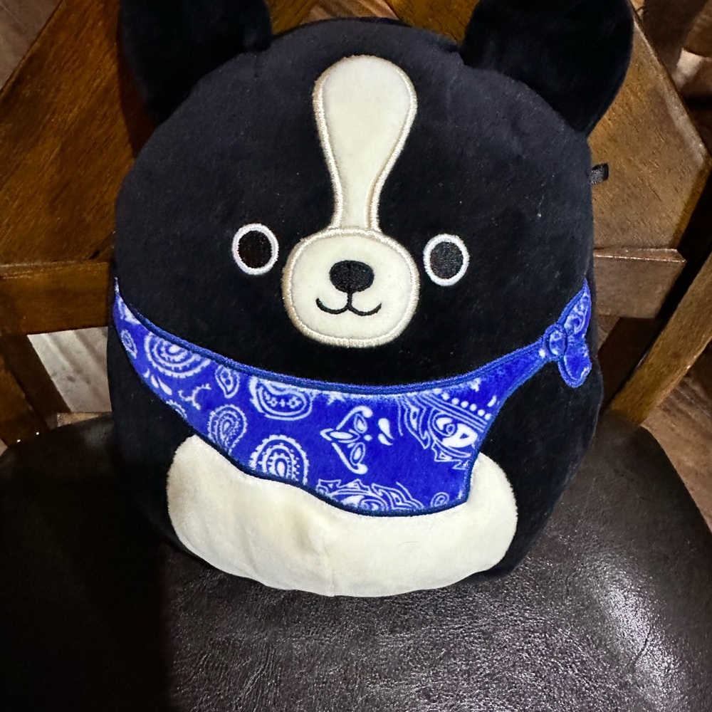 Squishmallows Black and White Dog with Blue Bandana Tommy